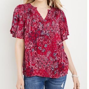 New w/tags. Maurice’s smocked flutter sleeve top. Bright cherry. Sz Large.